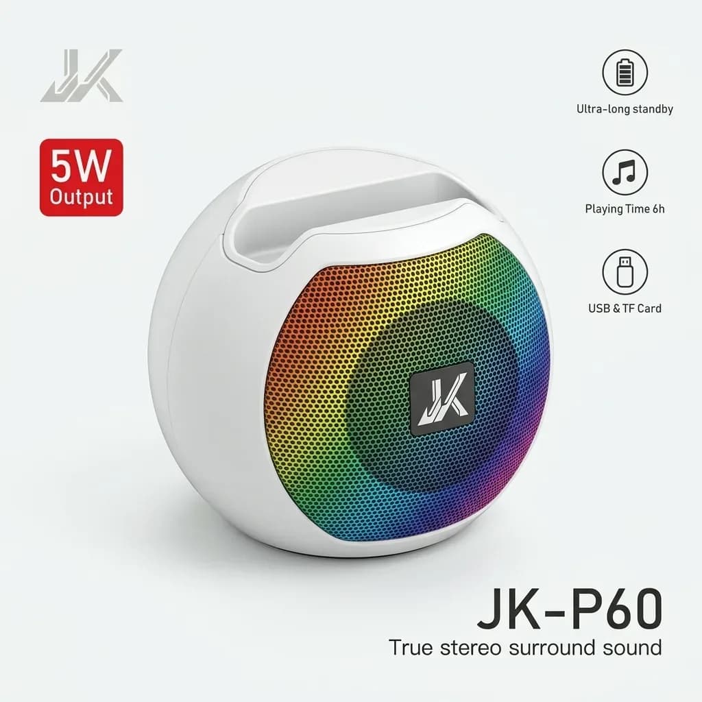 JK-P60 white portable 5W speaker with colorful RGB front lighting and integrated carrying handle