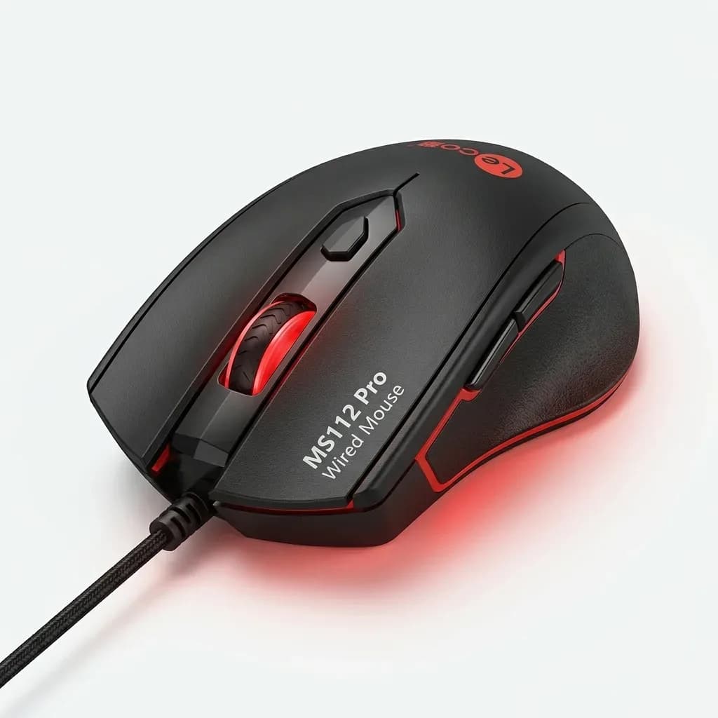 Lecoo MS112 Pro black wired mouse with red scroll wheel and side buttons on white background