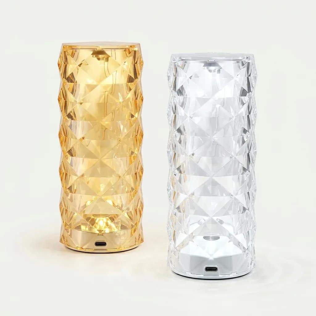 Two rose diamond table lamps displayed in warm gold and clear light versions with faceted crystal-style bodies