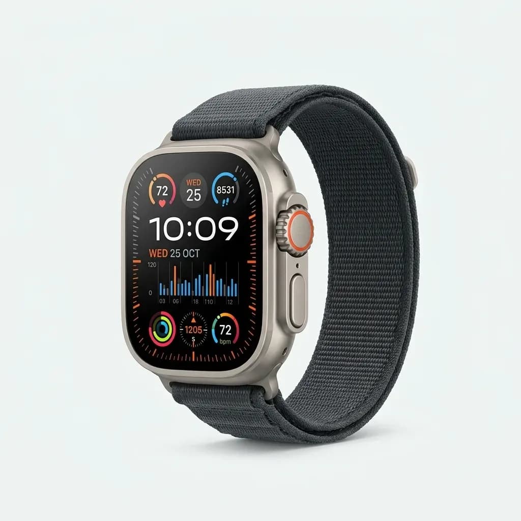 GW8 Ultra smartwatch with silver case, large color display and black fabric-style strap