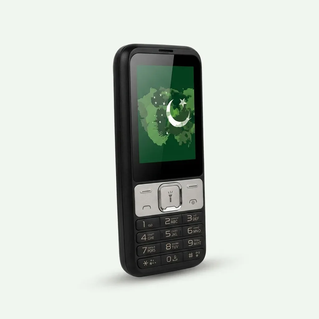 Black E-Club keypad mobile phone with a display, physical numeric keypad and gray navigation panel on a white background.
