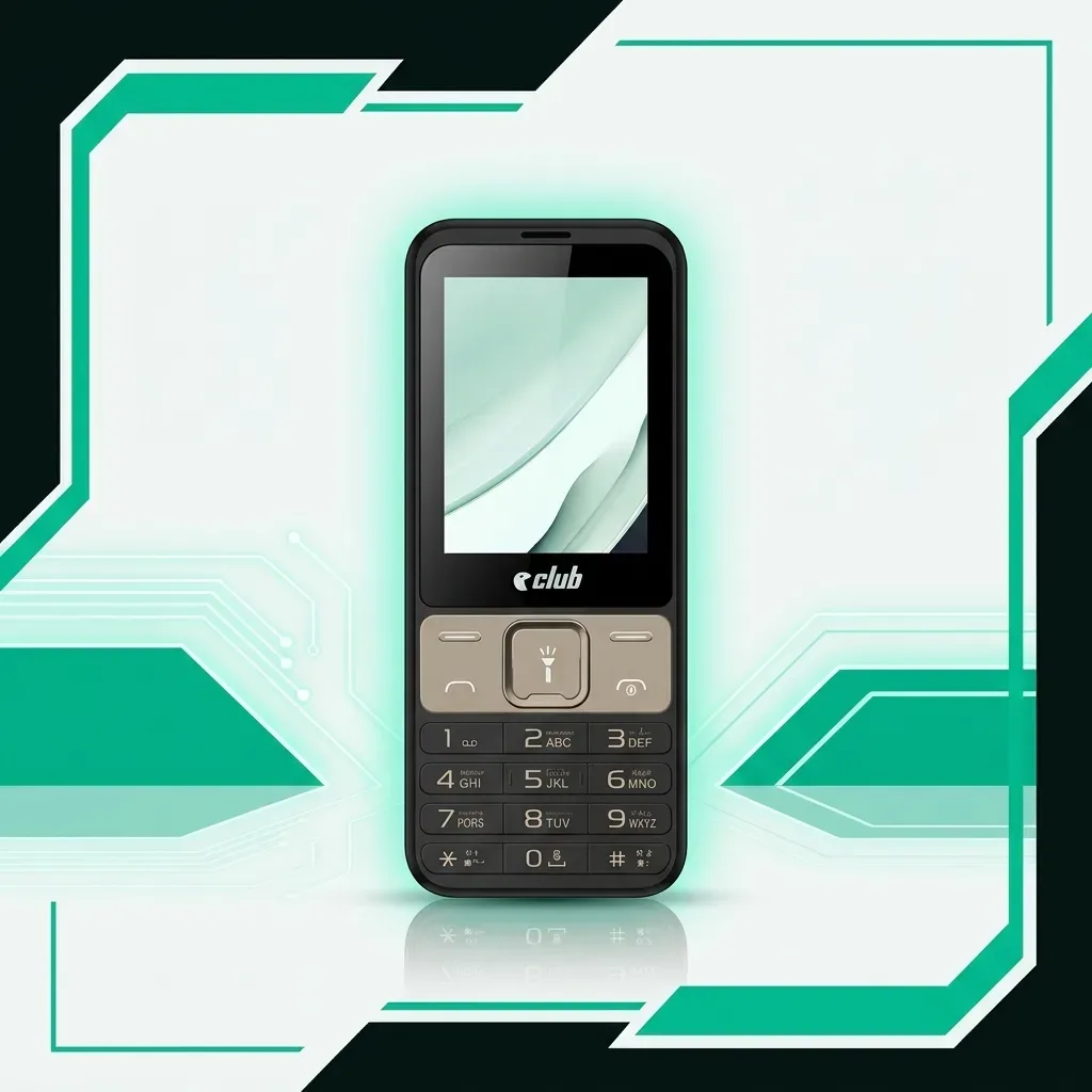 E-Club keypad mobile phone promotional graphic featuring a black handset with physical buttons against a white and green background.