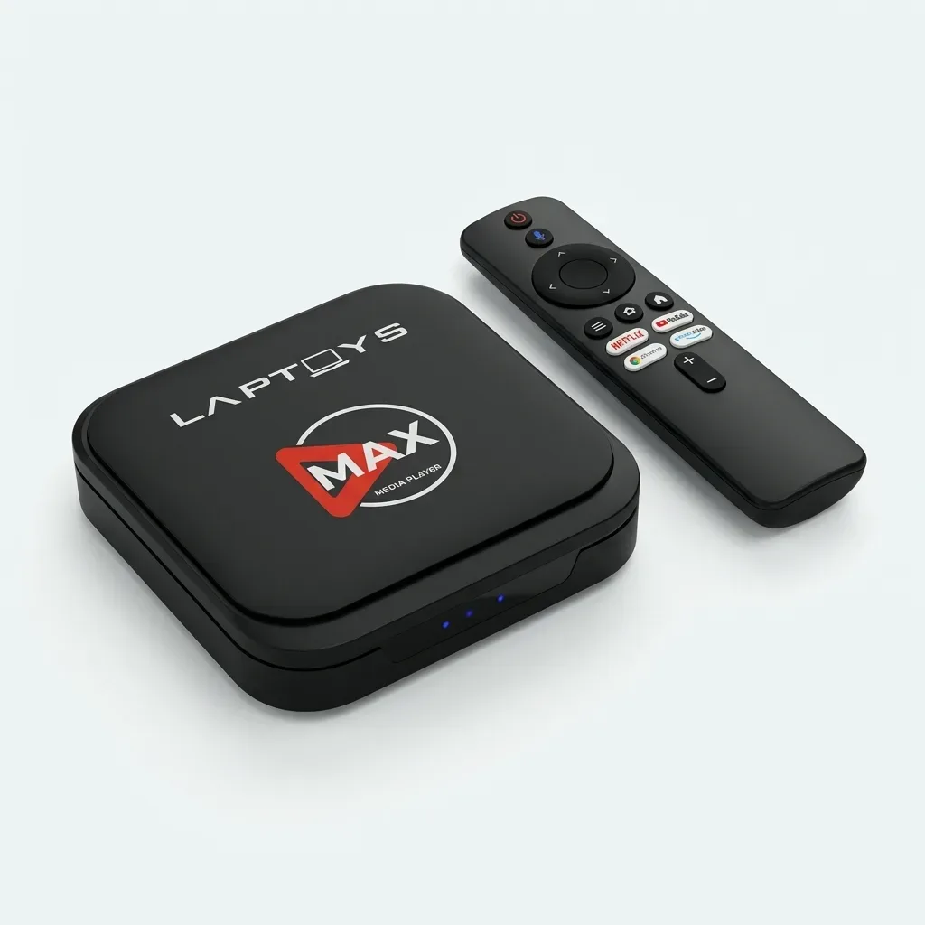 LAPTOYS MAX Android 15 TV box with black remote control