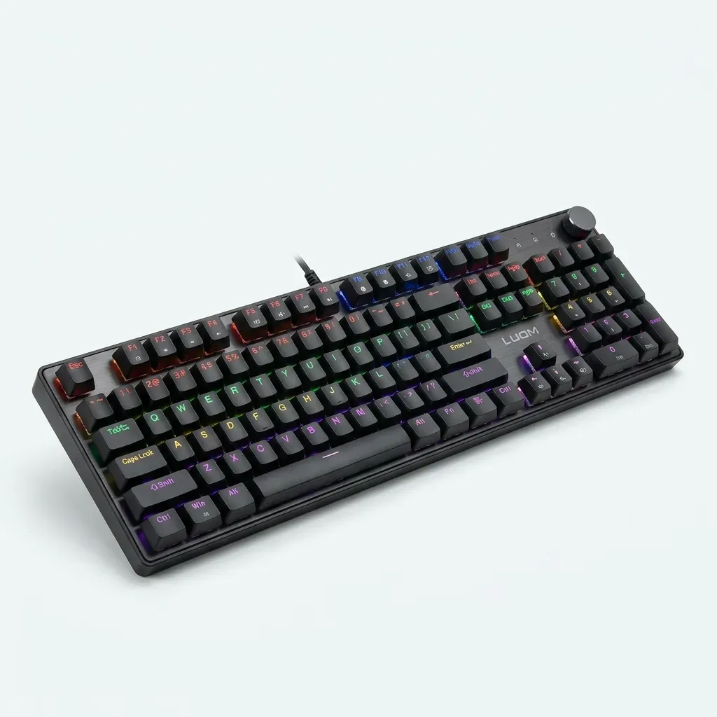 LUOM LM2104 black wired RGB mechanical gaming keyboard shown at an angle on a white background, featuring colorful illuminated keys, numeric keypad and rotary dial.