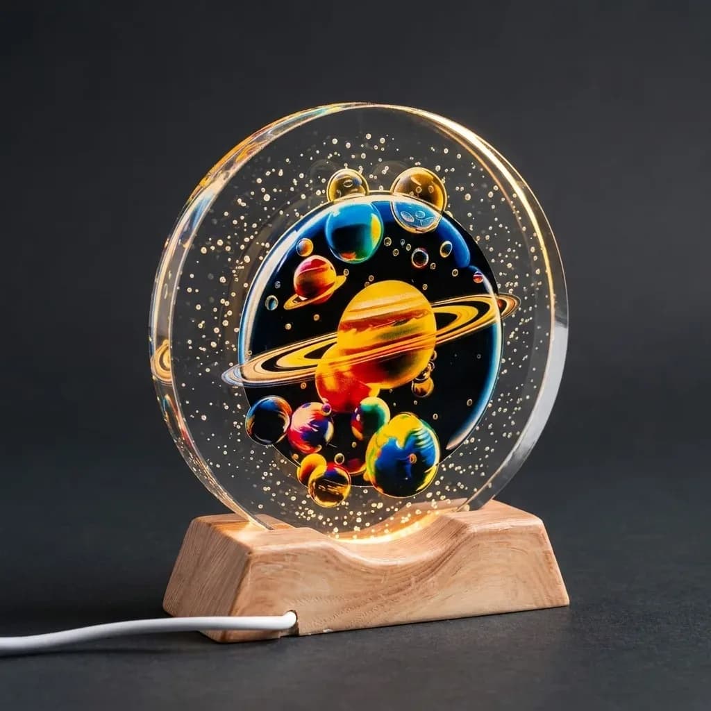 3D solar system glass lamp with colorful planets, orbital rings, and glowing star details on a rectangular natural wooden base with a white power cable against a dark background.