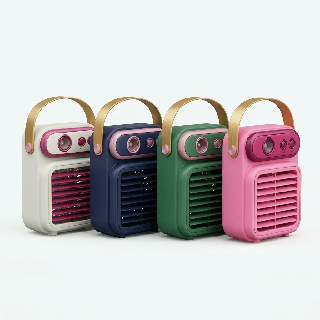 SM878 retro-style spray fans displayed in white, dark blue, green and pink