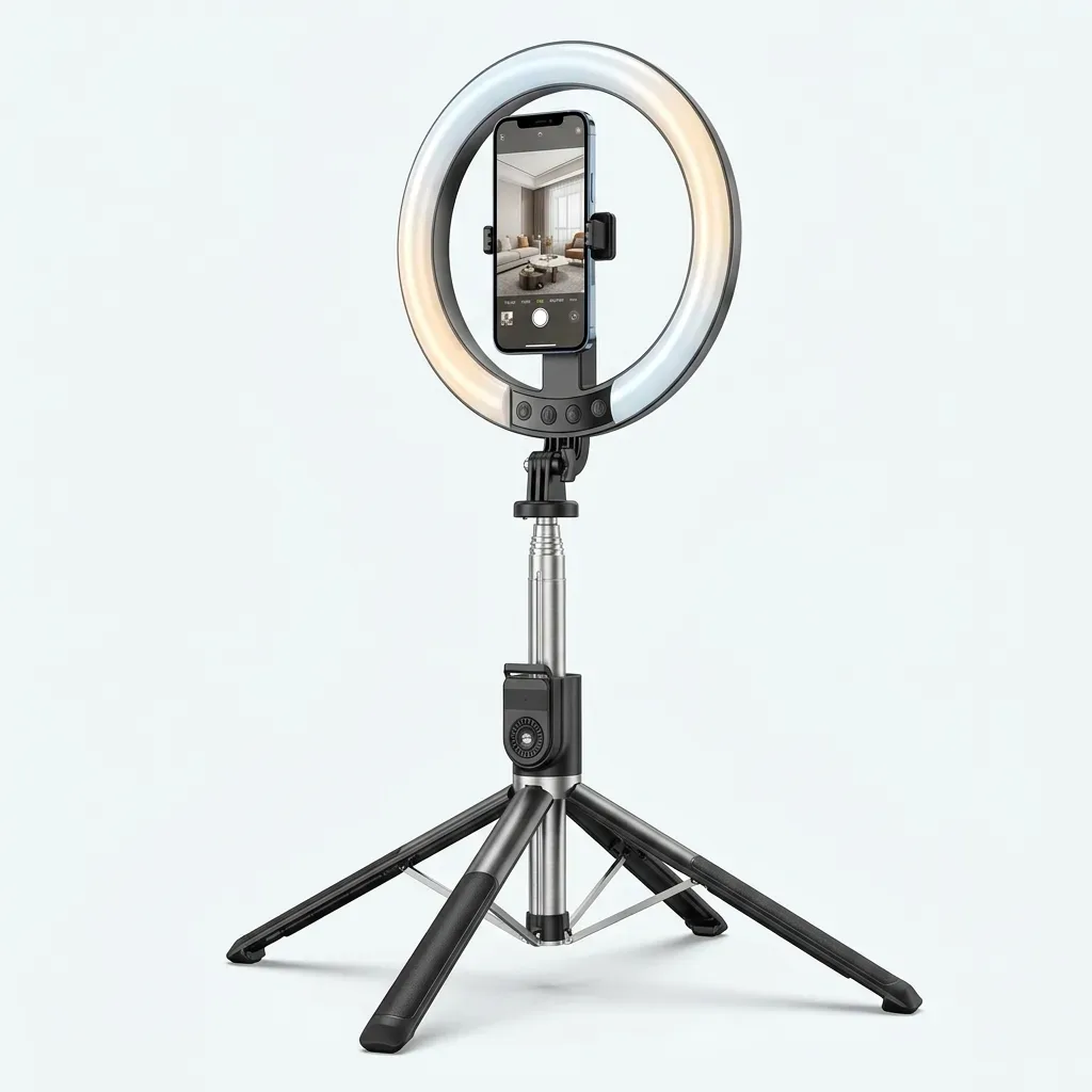 P220-Q stainless steel ring light selfie stick tripod with four-leg stand and phone holder