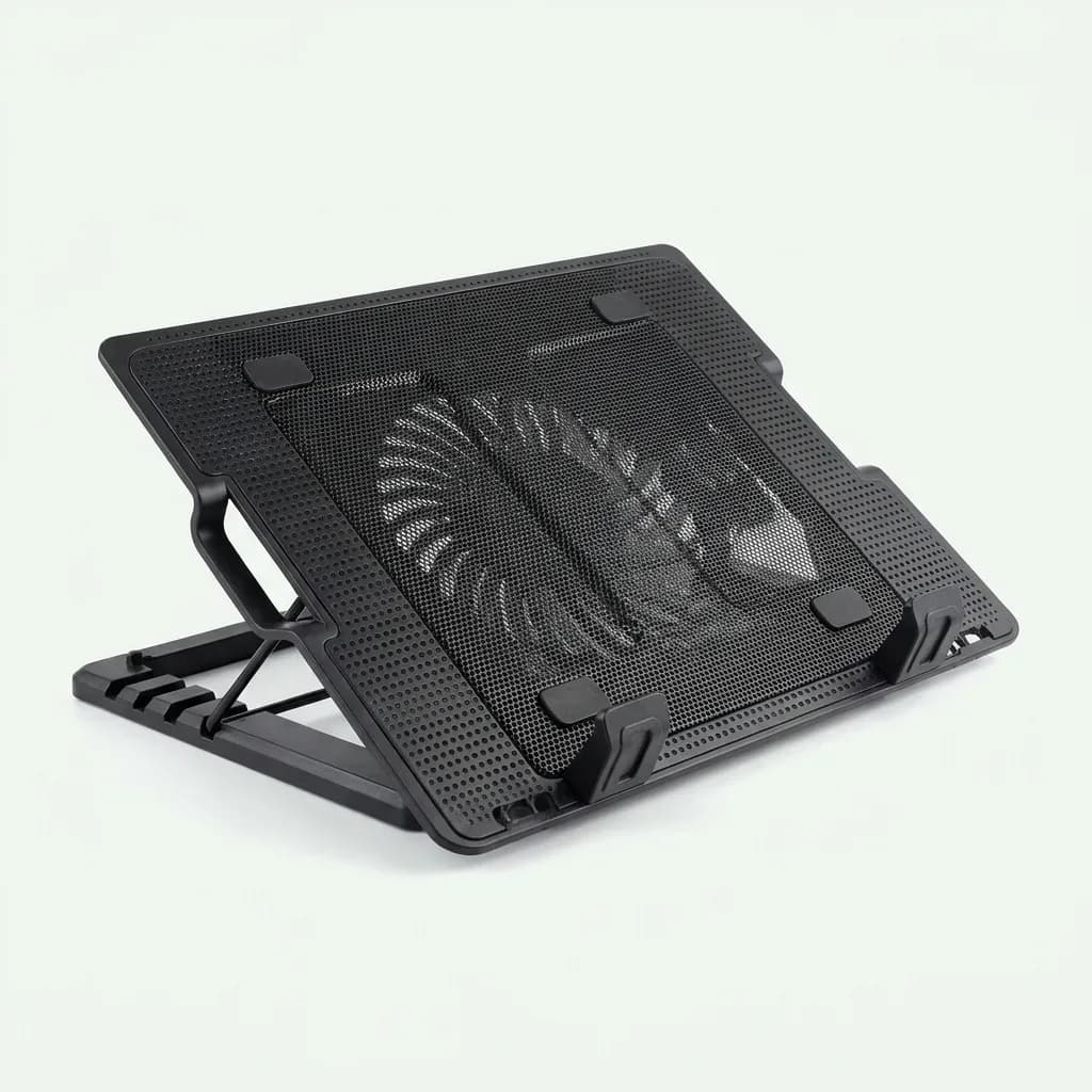 Black N99 laptop cooling pad raised on its adjustable stand, showing a mesh surface, central fan and front retaining tabs.