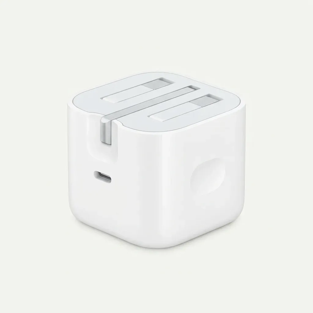 White Apple USB-C power adapter with a compact cube body, single USB-C port and folded plug mechanism.