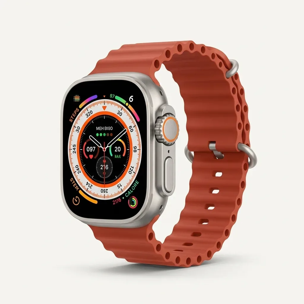 Microwear Series 9 smartwatch with orange sport band and square display