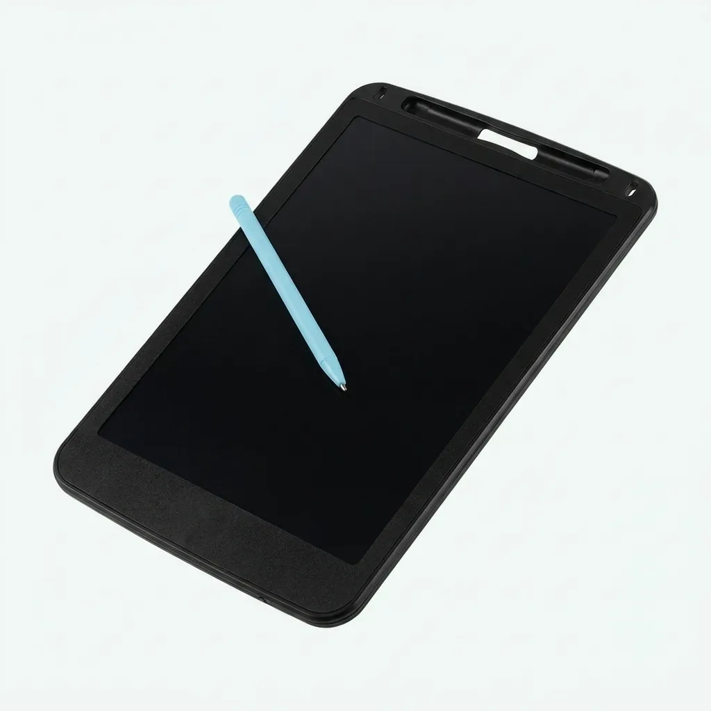 Black LCD writing tablet with a blank writing screen, integrated stylus holder, and light blue stylus displayed diagonally on a white background.