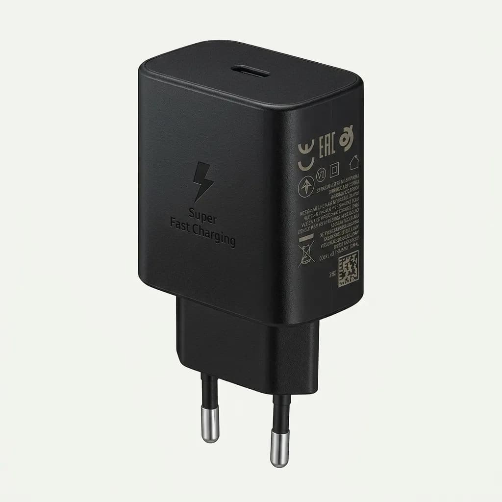 Black Samsung 45W USB-C Super Fast Charging adapter with a single USB-C port and European two-pin plug.