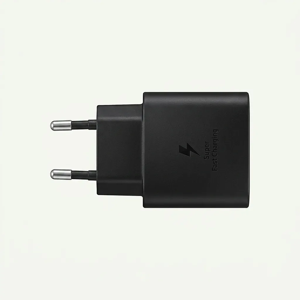 Original Samsung EP-TA800 25W Super Fast Charging wall adapter with a compact black body and fixed two-round-pin EU plug.