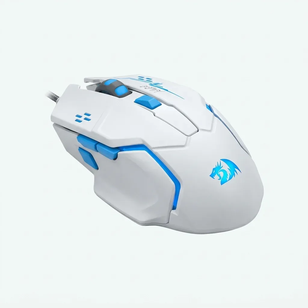 White REDRAGON PREDATOR wired gaming mouse with blue buttons, scroll wheel, side buttons and dragon logo on a white background.