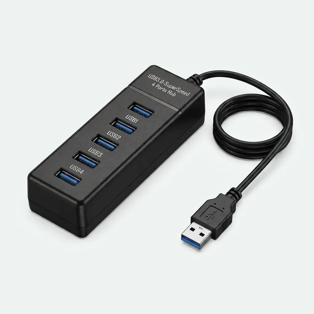 Black USB 3.0 SuperSpeed 4-port hub with USB-A cable