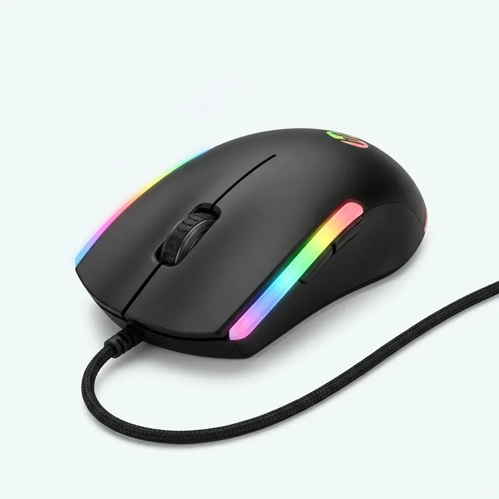 HP M160 black wired gaming mouse with rainbow RGB edge lighting and braided cable