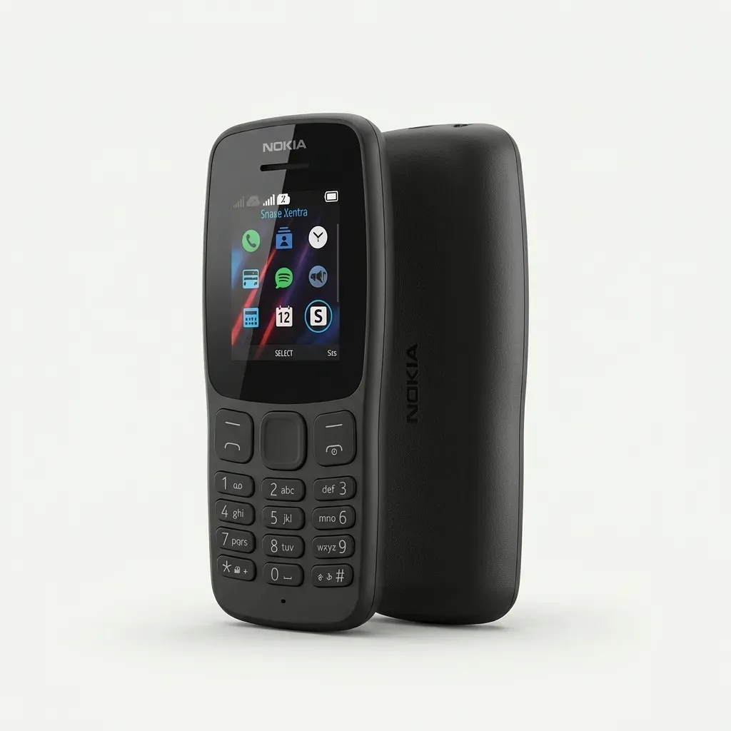 Black Nokia 106 keypad phone shown from the front and rear, featuring a compact body, display and physical numeric keypad.