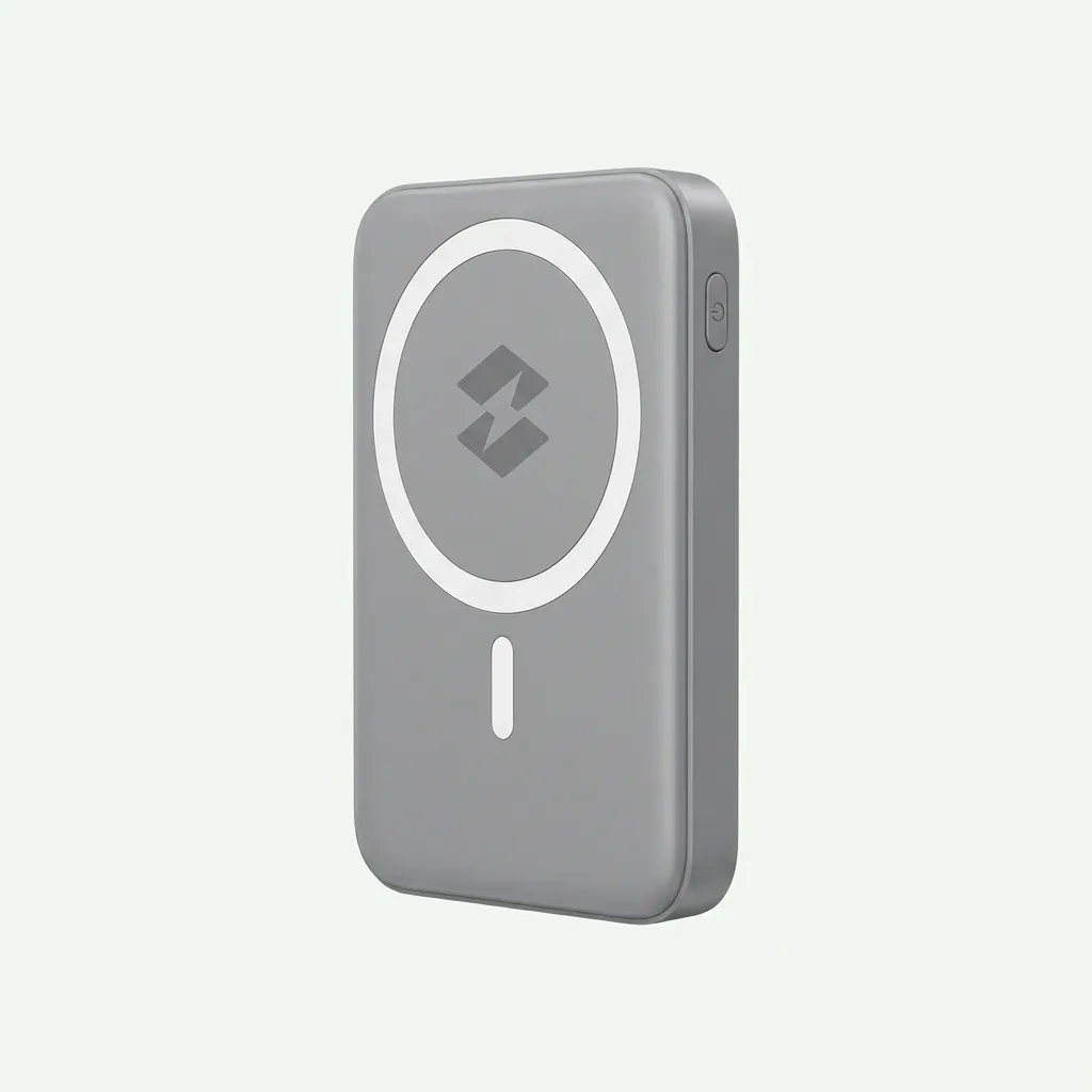 Infinix MAGPOWER XP03 grey magnetic wireless power bank on a white background, featuring a circular magnetic charging ring and side-mounted button.