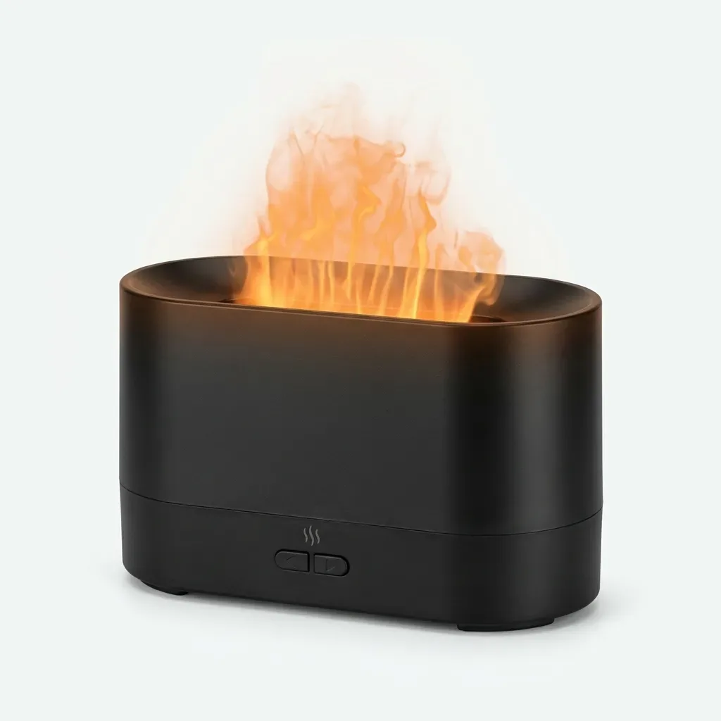 Black ultrasonic flame aroma diffuser with illuminated flame-style mist and front control buttons