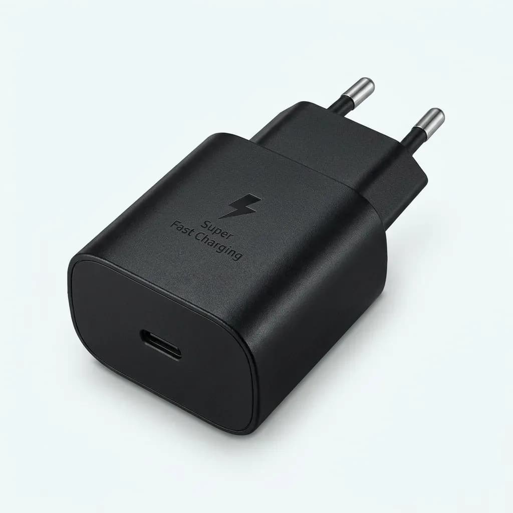 Black SOMSONG 25W Super Fast Charging adapter with a USB-C port and two-pin EU plug on a white background.