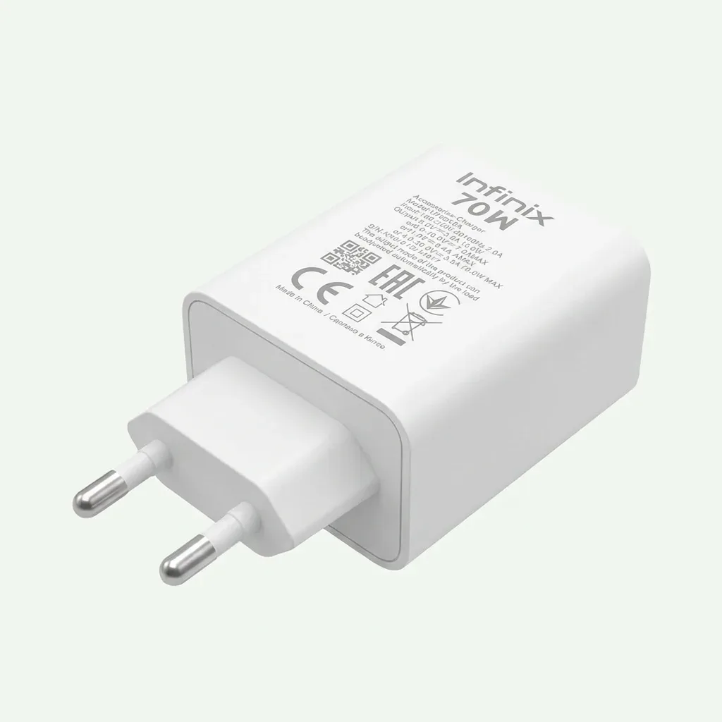 White Infinix U700XEA 70W fast-charging wall adapter displaying its electrical specifications, certification markings and two-pin European plug.
