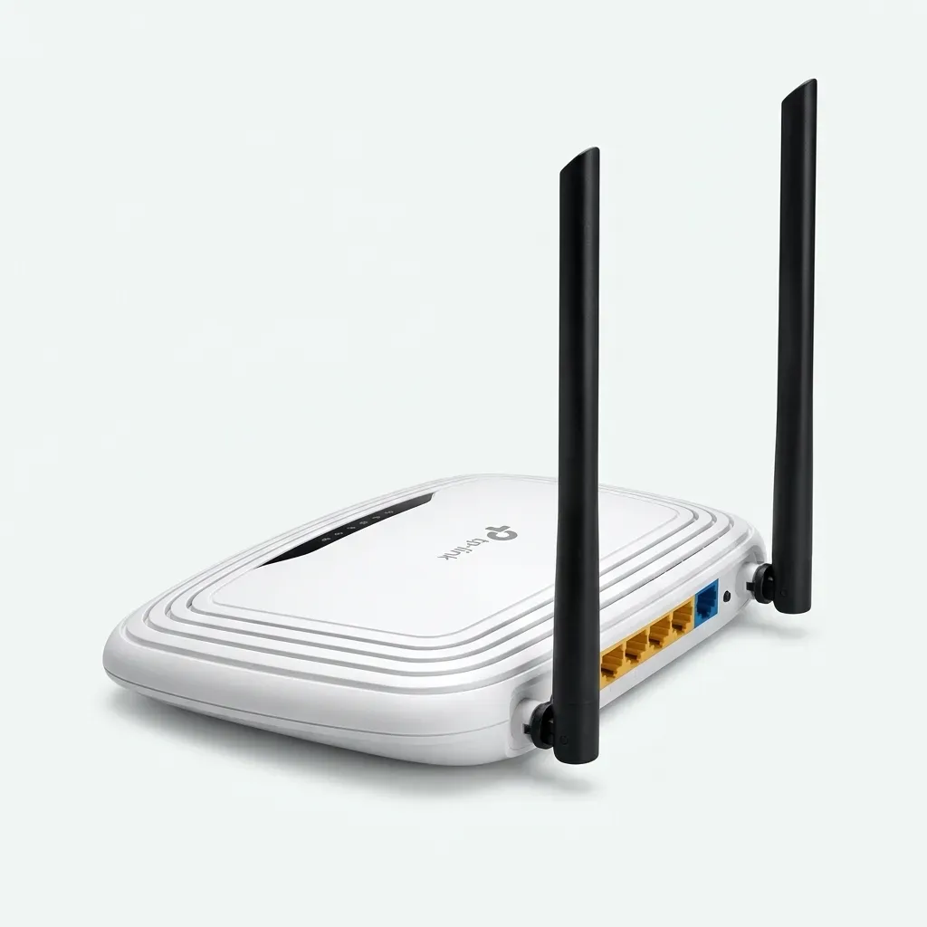 TP-Link TL-WR841N white wireless router with two black external antennas and rear network ports