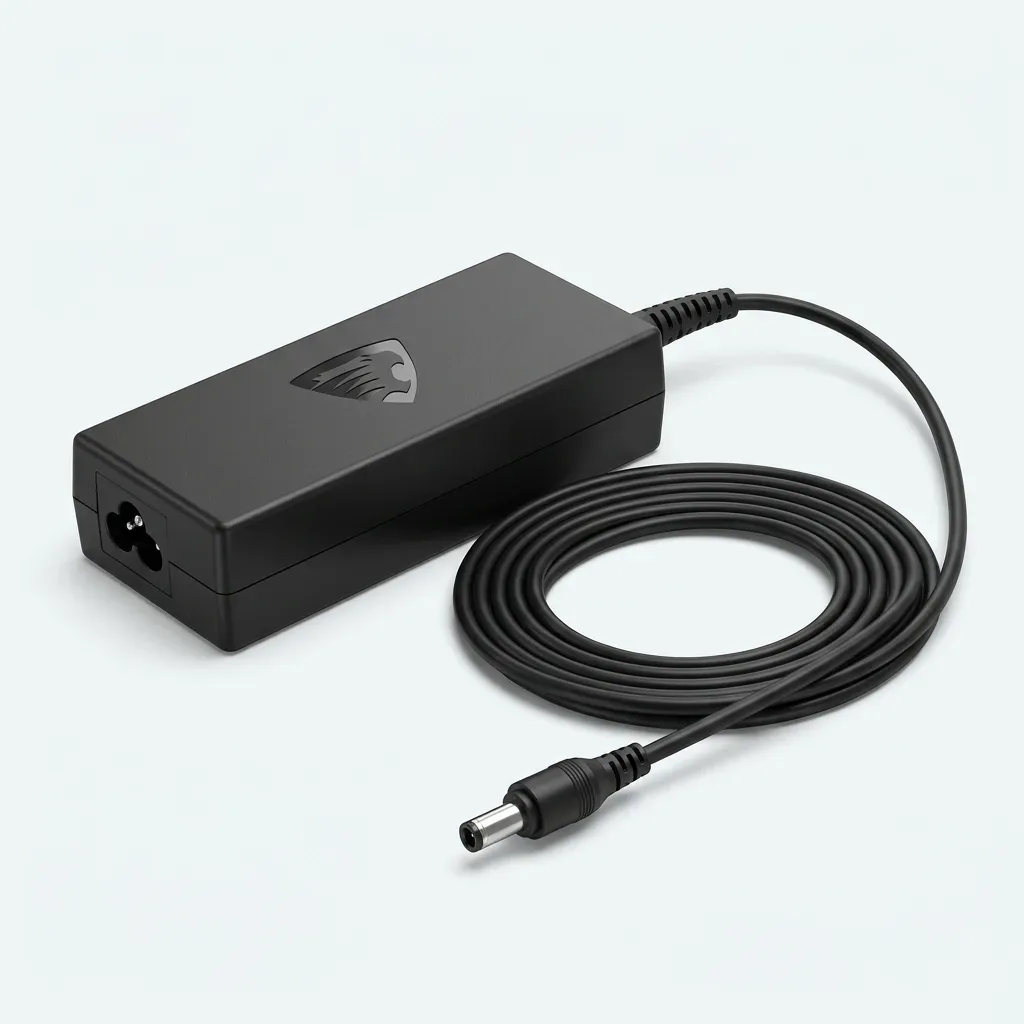 MASTER if black Travel AC Adapter with attached cable and DC barrel power connector