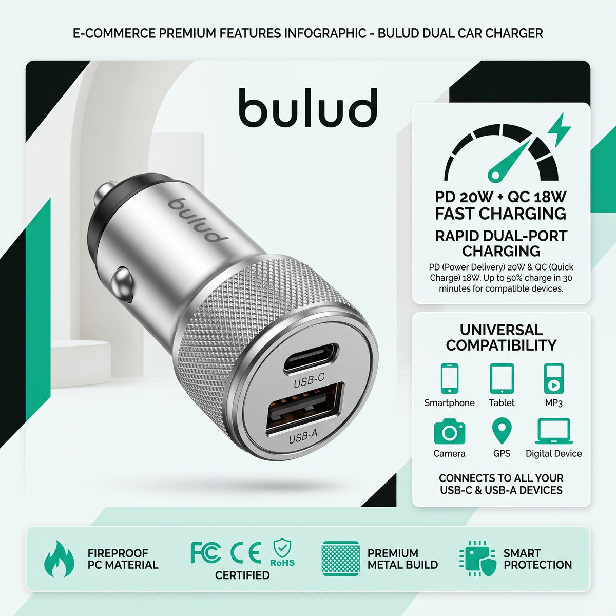 Bulud Dual-Port PD 20W and QC 18W Car Charger