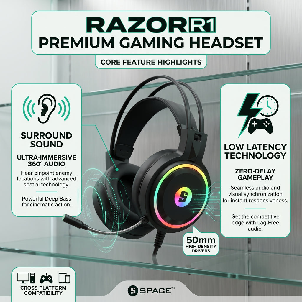Razor R1 RGB Over-Ear Gaming Headset with 50mm Drivers