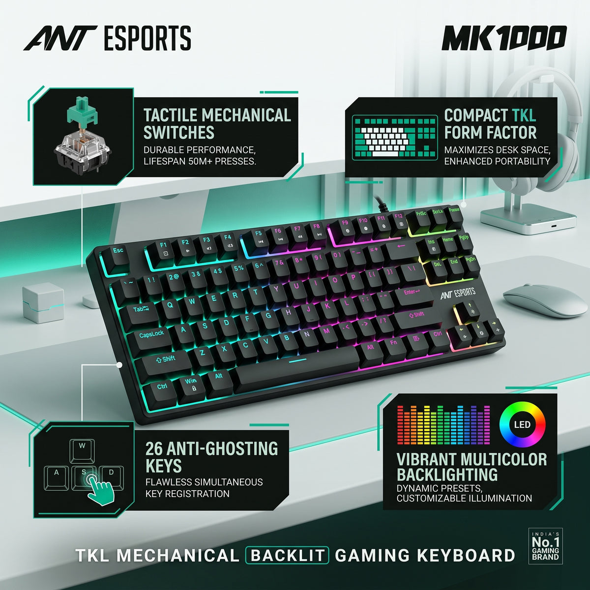 Ant Esports MK1000 TKL Mechanical Backlit Gaming Keyboard