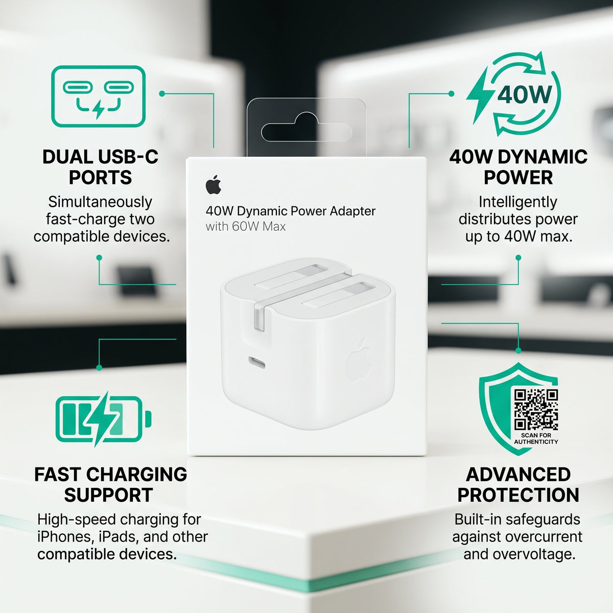 Apple 40W Dynamic Power Adapter with 60W Maximum Output