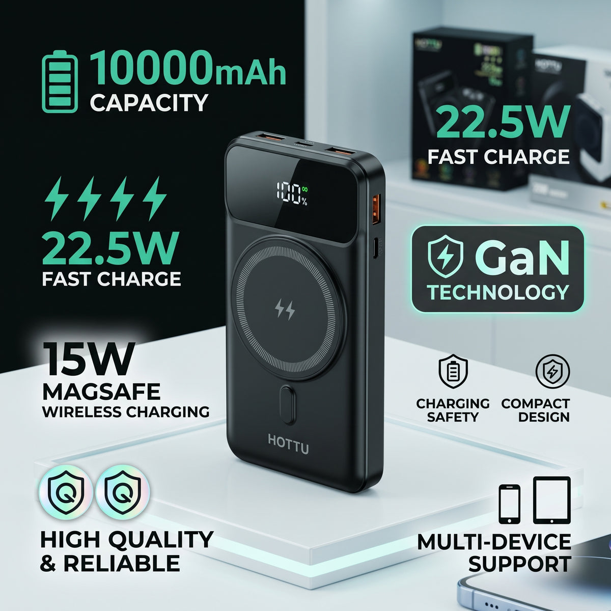 HOTTU 10000mAh Magnetic Wireless Power Bank