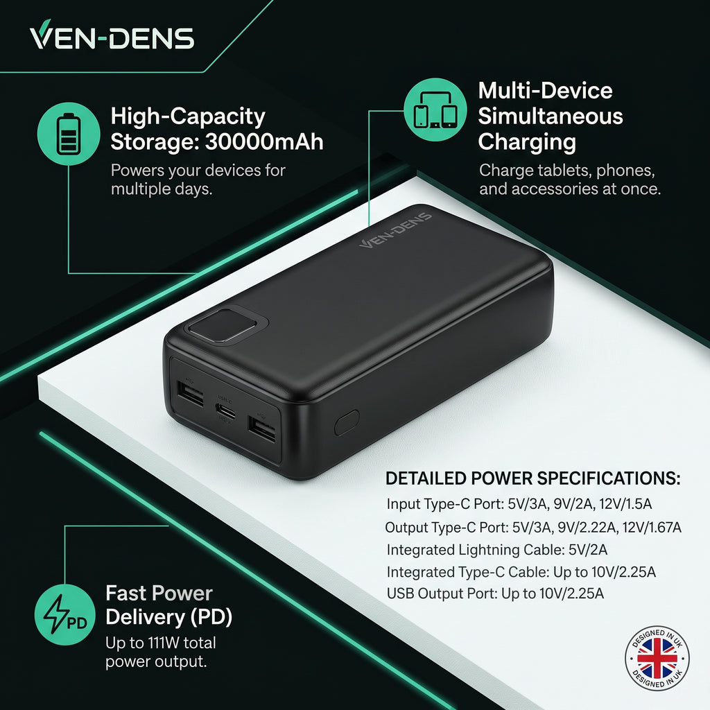 Ven-Dens VD-PB062 30000mAh 111W Multi-Cable Power Bank