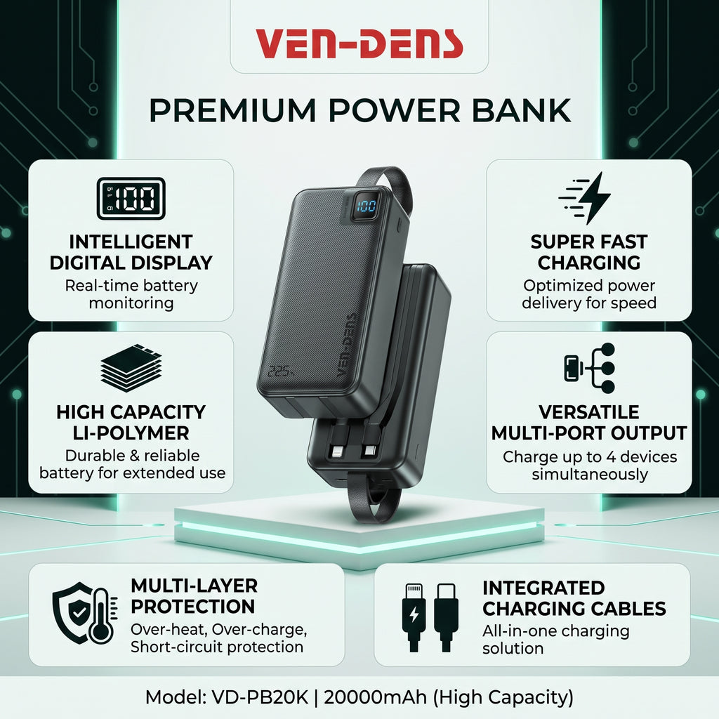 Ven-Dens VD-PB062 30000mAh 111W Multi-Cable Power Bank