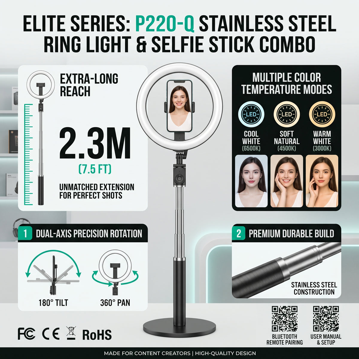 P220-Q 2.3m Ring Light Selfie Stick and Tripod
